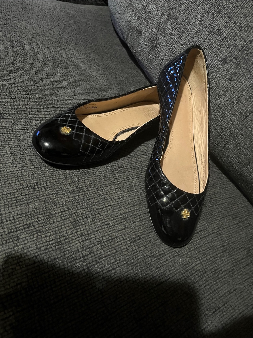 Tory Burch Black Quilted Patent Leather Women's Flats with Gold Accent
